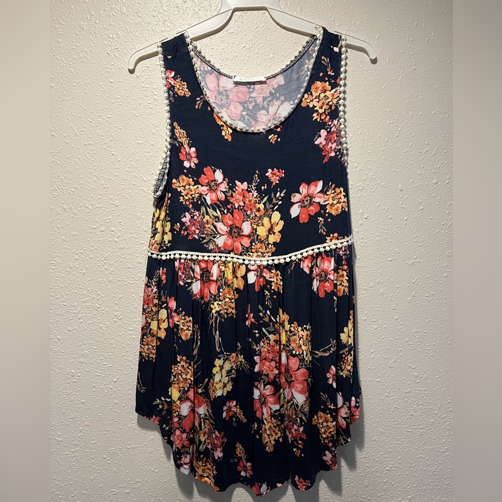 Navy blue tank with pink/orange flowers